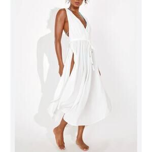 Lulus Santorini Sun Drawstring Swim Cover-Up Medium Crinkle Rayon Tassel Beach